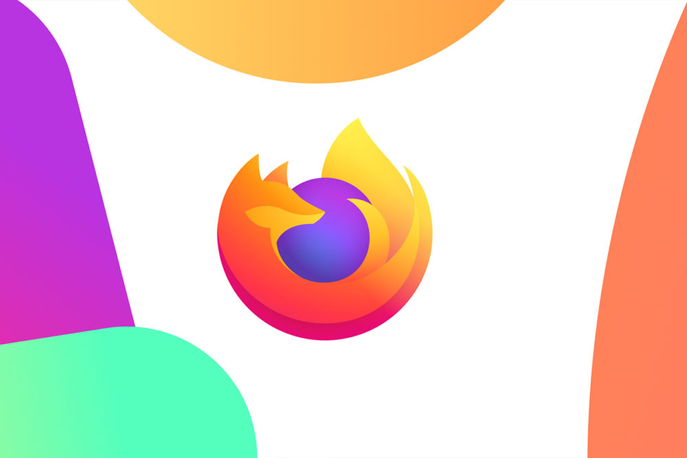 The Firefox logo, featuring a stylized orange and red fox curling around a purple globe against a colorful abstract background.