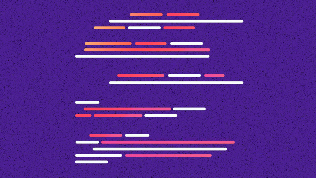 Stylized illustration of colorful code lines in red, orange, and white on a purple background, representing programming and software development.