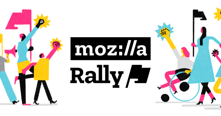 Rally logo, people walking and rolling with their fists held high and flags