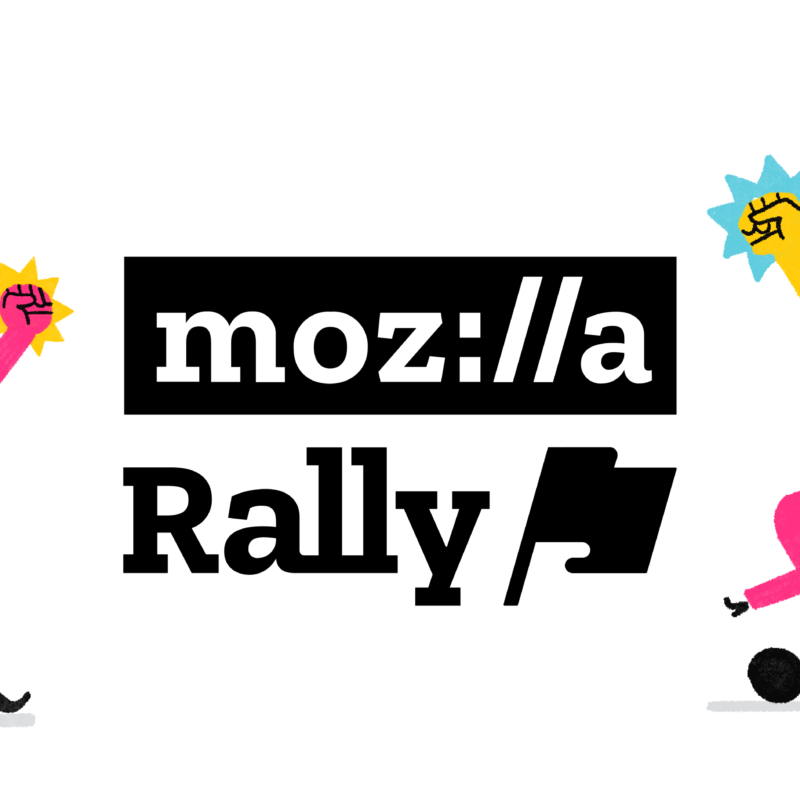 Rally logo, people walking and rolling with their fists held high and flags