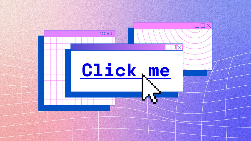 Illustration of a large "Click me" button with a hand-shaped cursor hovering over it, surrounded by retro-style web browser windows in pink, blue, and purple hues.