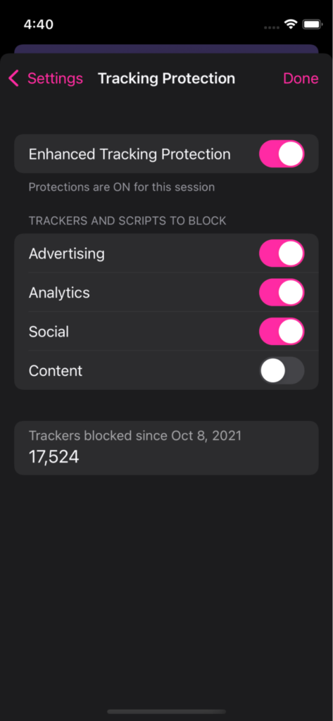 Firefox Focus Tracking Protection screen