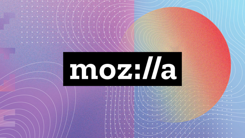 The Mozilla logo is displayed in white text on a black background, with a colorful abstract background featuring wavy lines and gradients of purple, blue, and red.