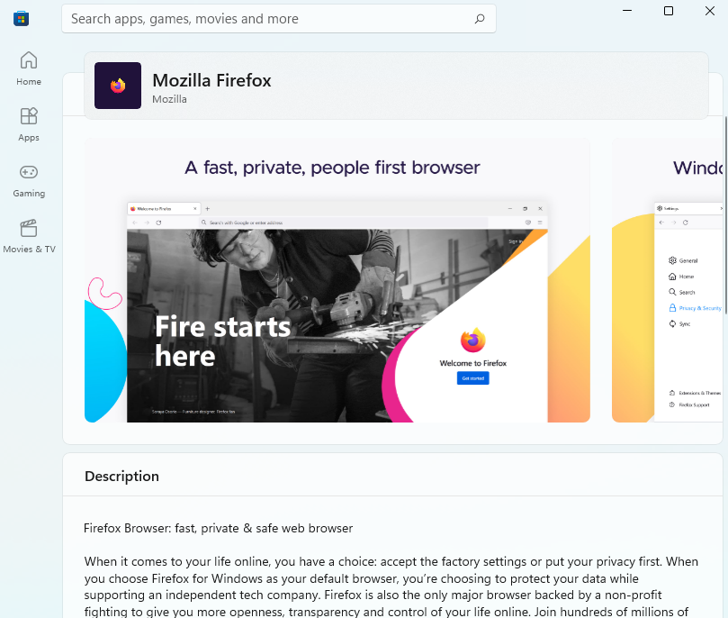 screenshot of Firefox available in the Windows Store