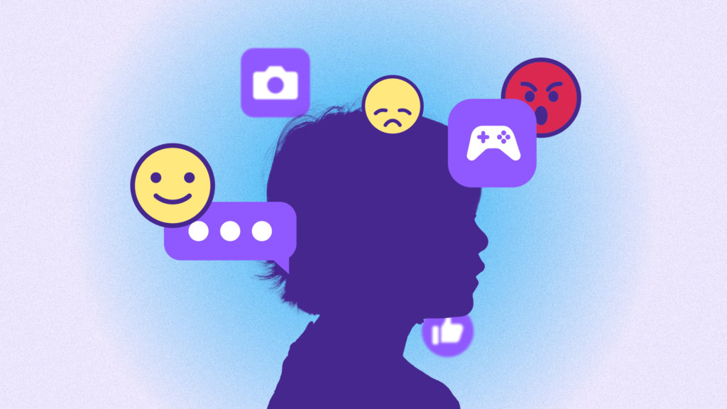 An illustration shows a silhouette of a child surrounded by emojis.