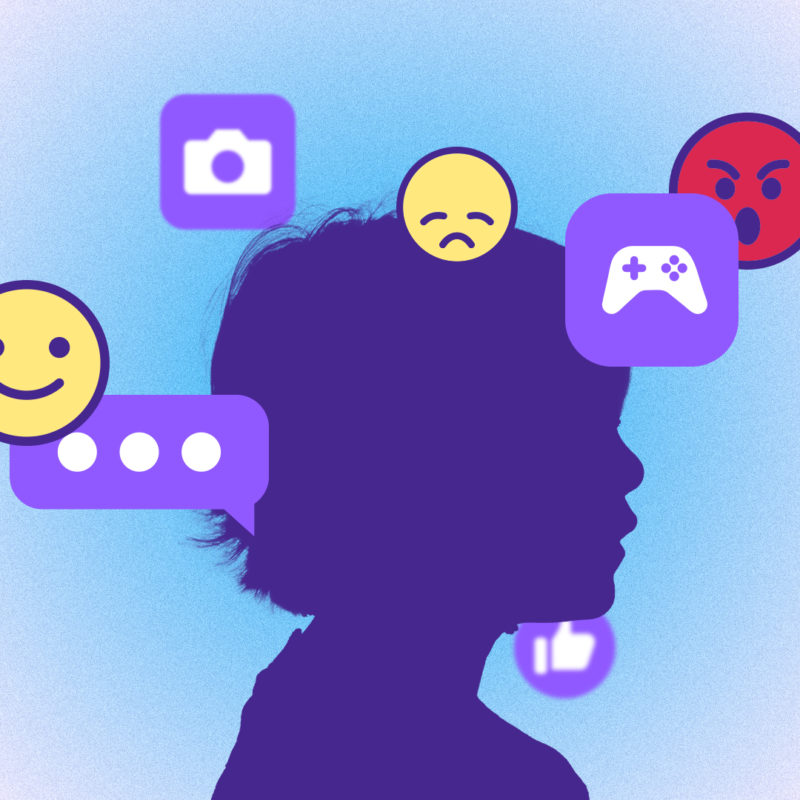 An illustration shows a silhouette of a child surrounded by emojis.