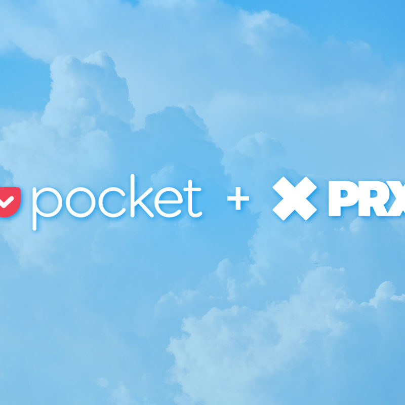 An illustration shows the Pocket and PRX logos, with clouds in the background.