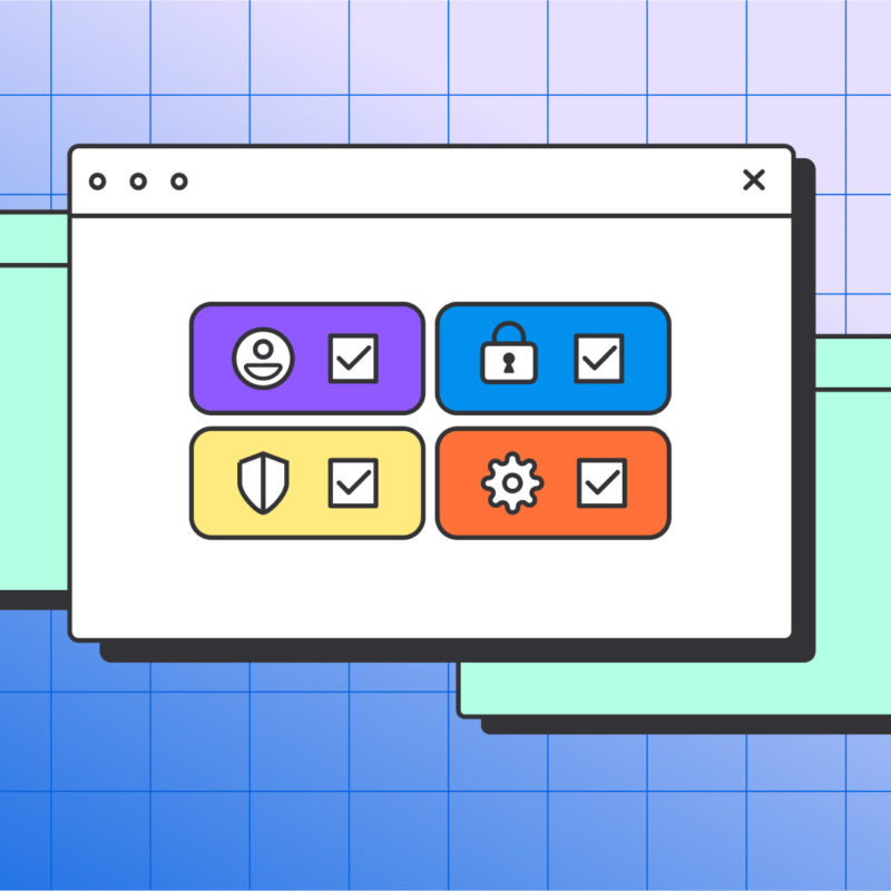 An illustration shows three digital pop-up boxes, one showing various security icons next to check boxes, on top of a grid background.