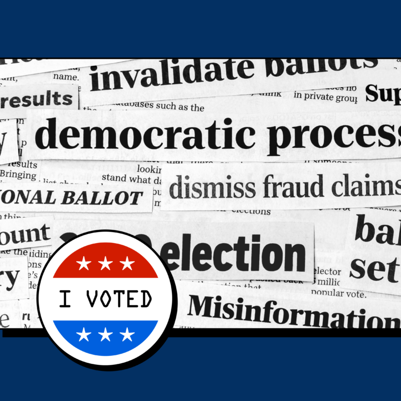 An illustration shows an "I VOTED" sticker on top of newspaper election headlines about misinformation.