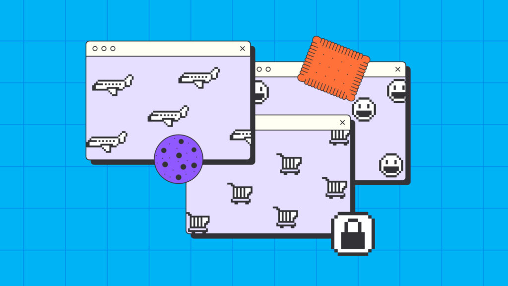 An illustration depicts three computer window boxes filled with icons for a plane, shopping cart and smiley emojis, surrounded by cookies.