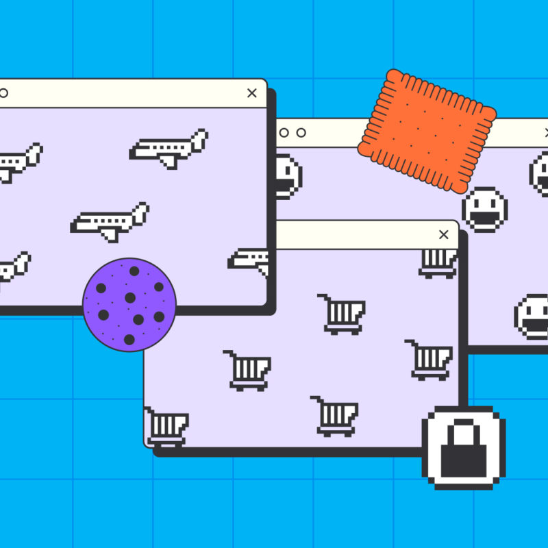 An illustration depicts three computer window boxes filled with icons for a plane, shopping cart and smiley emojis, surrounded by cookies.