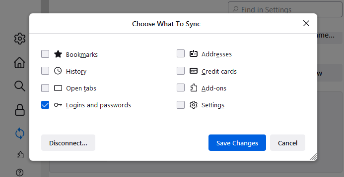 A Firefox browser pop-up shows a window asking the user to choose what they want to sync. 