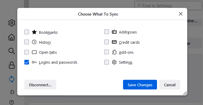 A Firefox browser pop-up shows a window asking the user to choose what they want to sync.