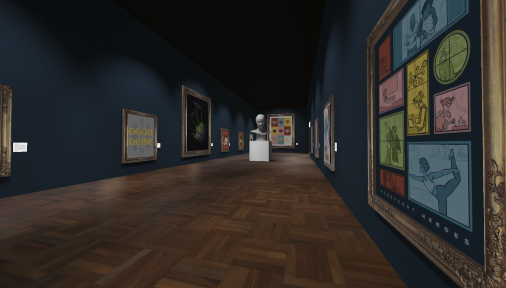 A screenshot from a Mozilla Hubs room shows an art gallery.
