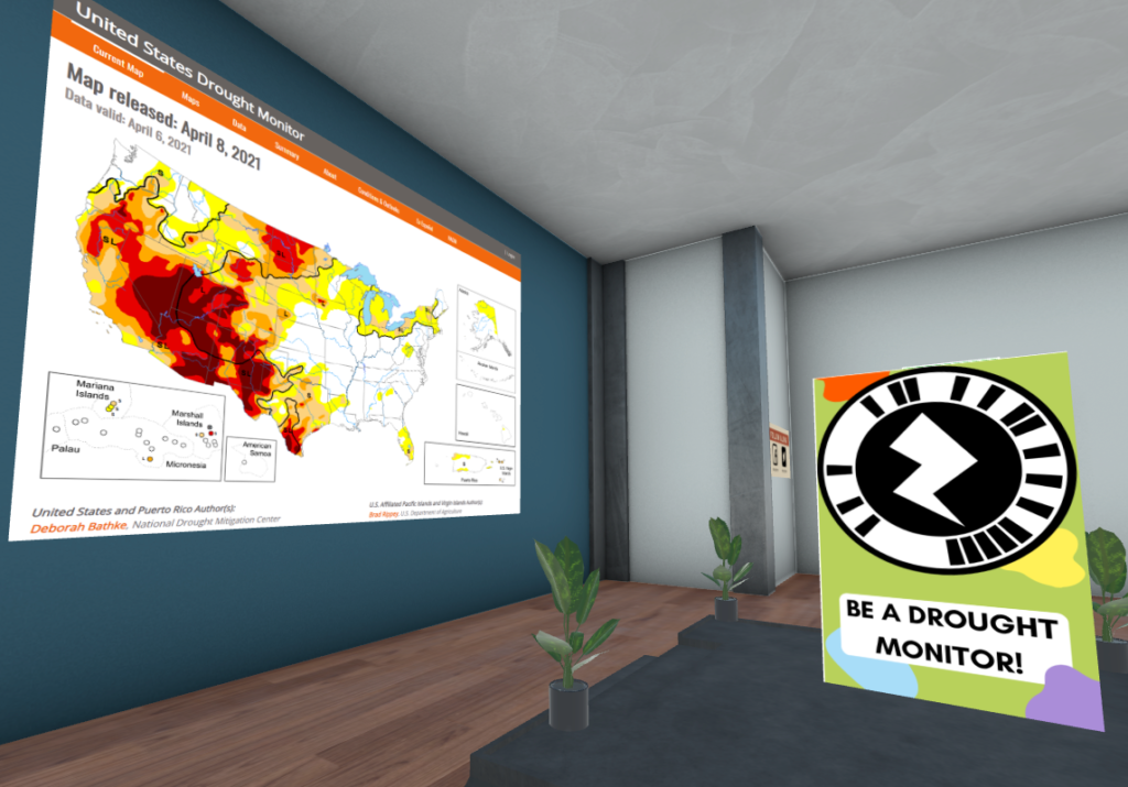 A screenshot from a Mozilla Hubs room shows a drought map.