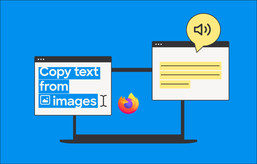 An illustration shows two pop-up windows on top of a laptop screen with the Firefox logo. One of the windows reads: Copy text from image. The other window shows highlighted lines with a speaker logo on top.