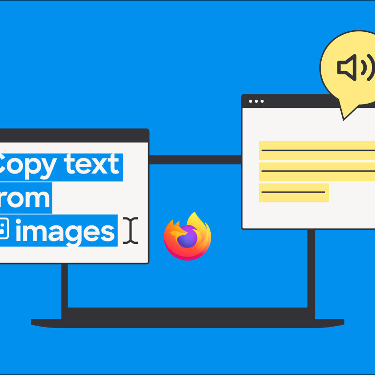 An illustration shows two pop-up windows on top of a laptop screen with the Firefox logo. One of the windows reads: Copy text from image. The other window shows highlighted lines with a speaker logo on top.