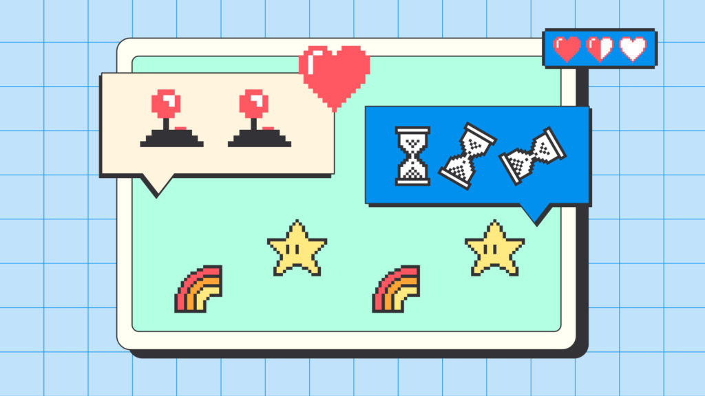 A pixel art illustration featuring retro game elements like hearts, stars, hourglasses, rainbows, and arcade joysticks inside chat bubbles, displayed on a screen with a grid background.