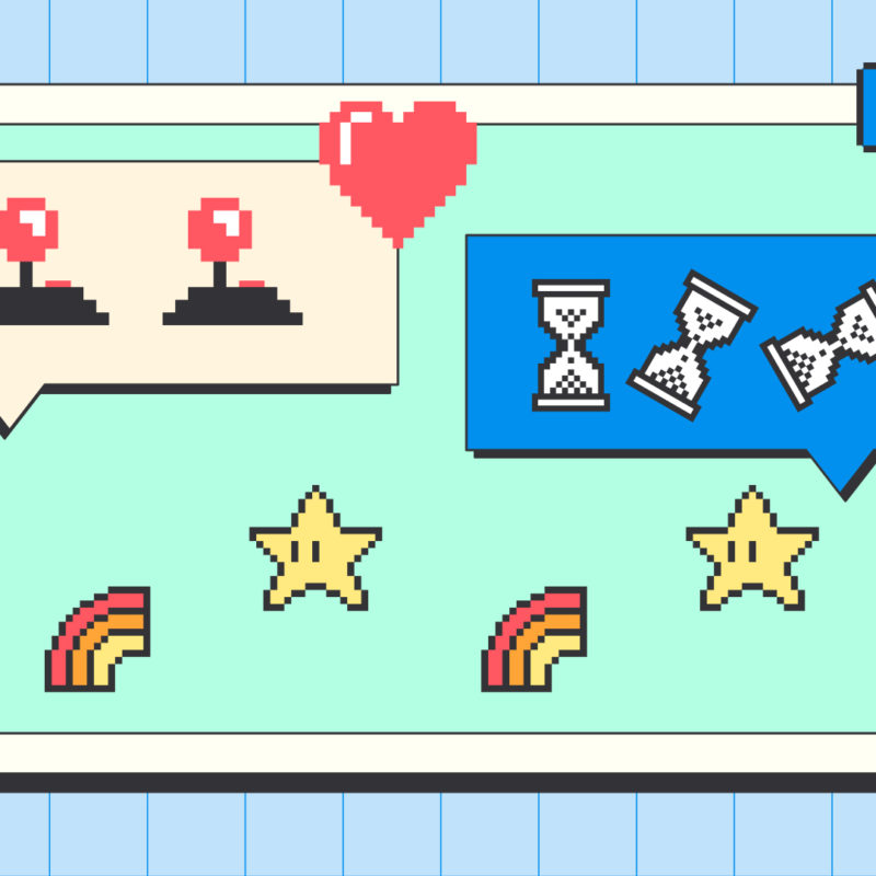 A pixel art illustration featuring retro game elements like hearts, stars, hourglasses, rainbows, and arcade joysticks inside chat bubbles, displayed on a screen with a grid background.