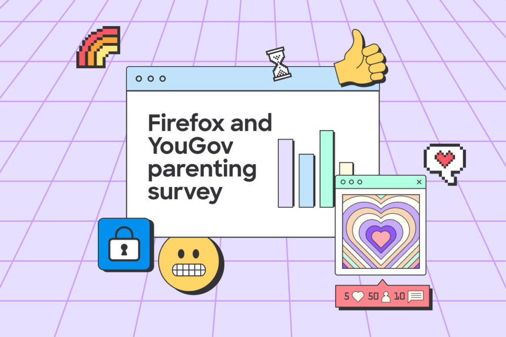 An illustration shows various internet icons surrounding an internet browser window that reads, "Firefox and YouGov parenting survey."