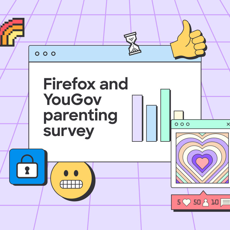 An illustration shows various internet icons surrounding an internet browser window that reads, "Firefox and YouGov parenting survey."