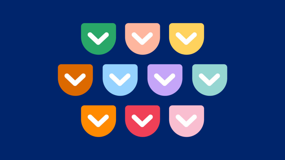 A group of colorful pocket shapes with white arrows pointing down.