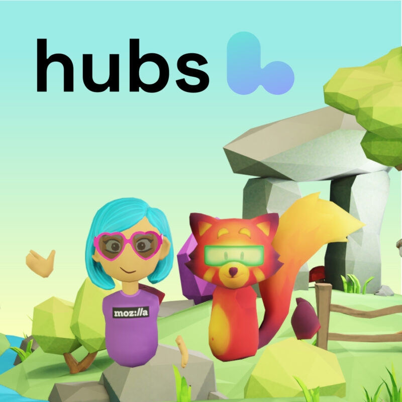 An illustration shows a human (wearing a shirt that reads "Mozilla") and a red panda character in nature. Text above them reads "hubs."