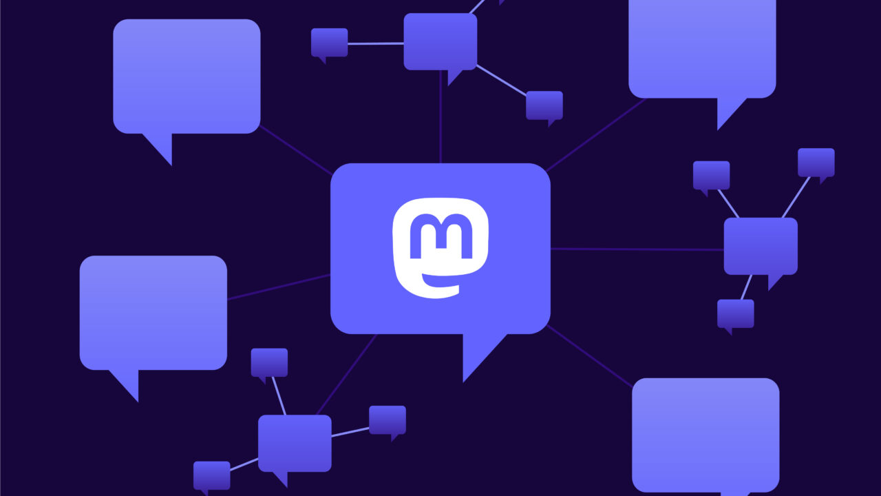 An illustration shows the Mastodon logo (the letter M) inside a speech bubble in the center, connected by lines to surrounding speech bubbles.