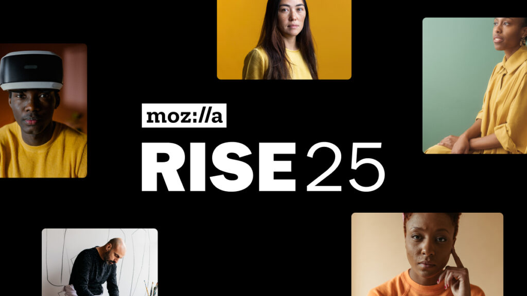 The text reads: Mozilla. Rise 25. Surrounding the text are images of five people posing for a portrait.