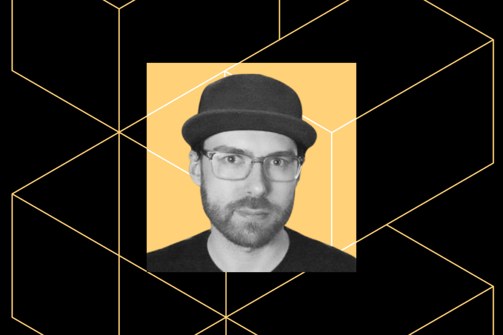 A head shot of Jeff Lindsay atop an illustration of cubes.