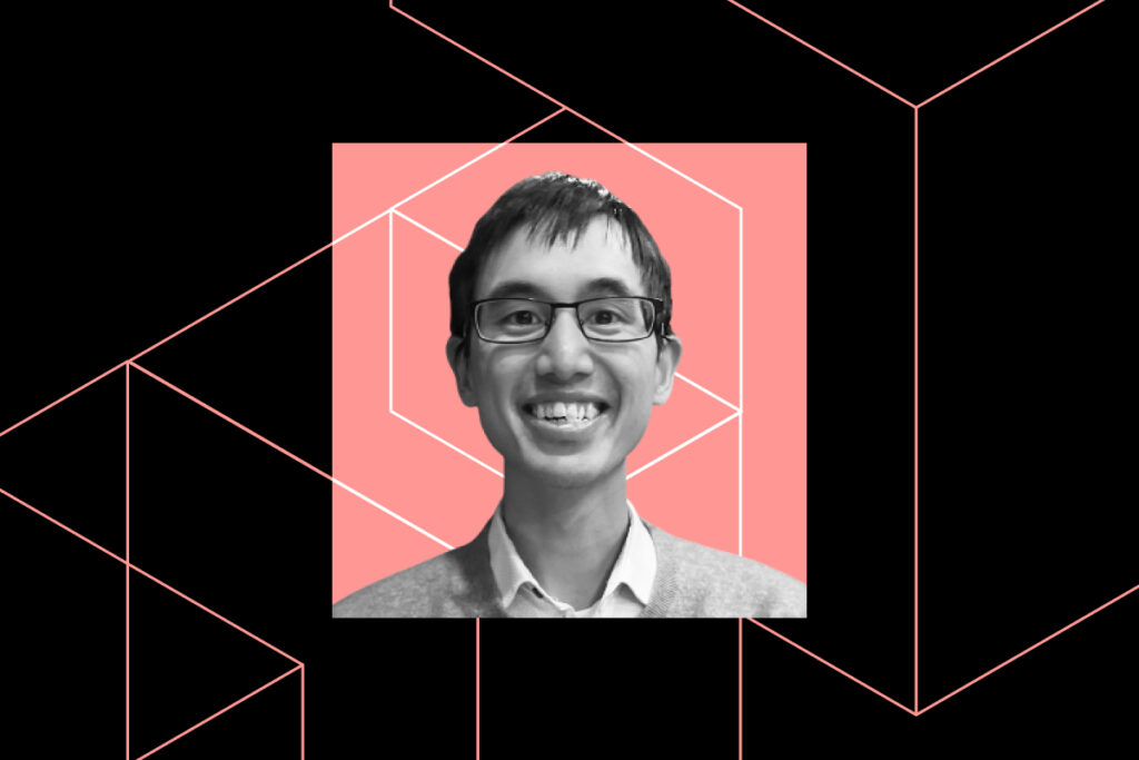 A head shot of Brendan Fong atop an illustration of cubes.