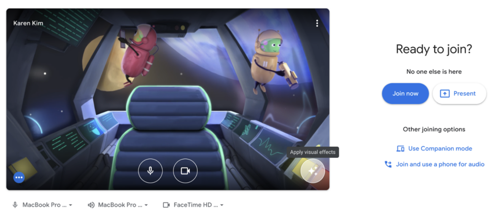 A screenshot of the Google Meet waiting room, where you can select visual effects.