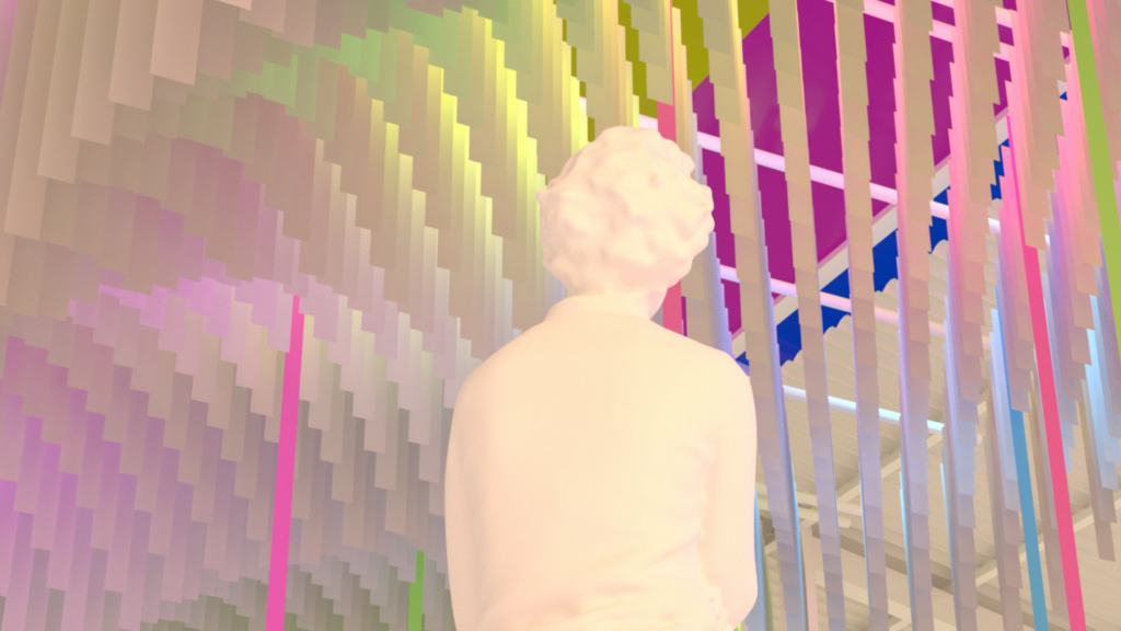Concept art shows a person looking at a colorful wall.