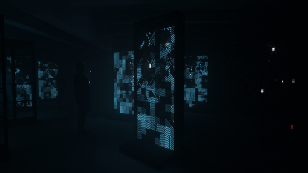 Concept art shows a person standing in a dark room with a large screen.