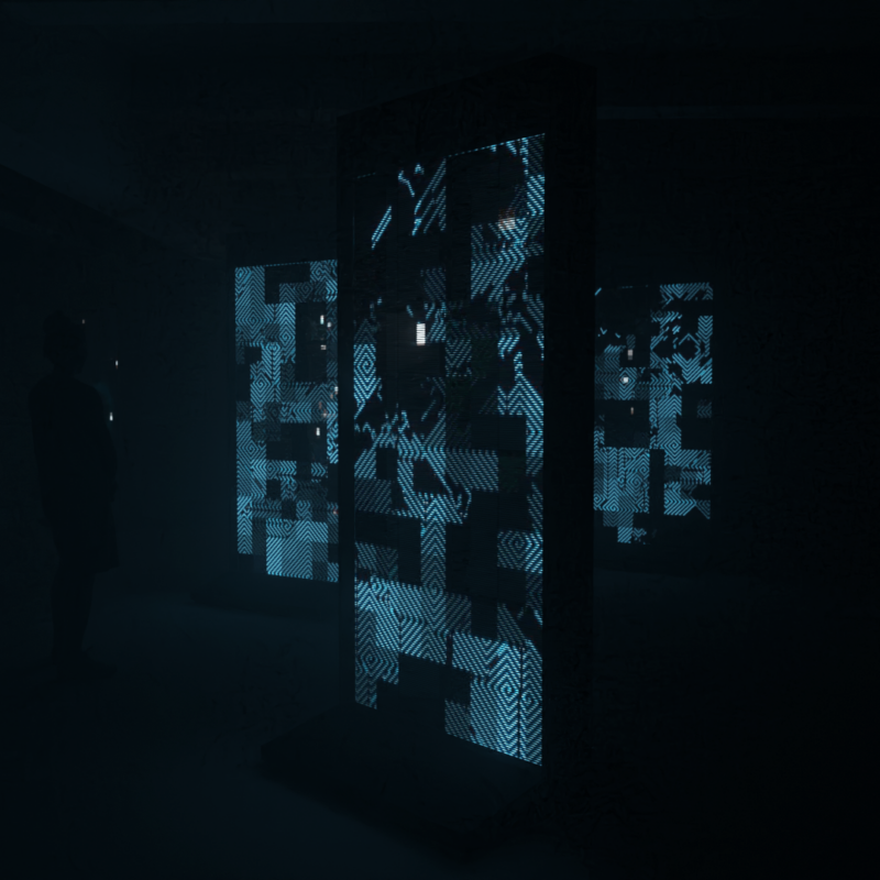 Concept art shows a person standing in a dark room with a large screen.