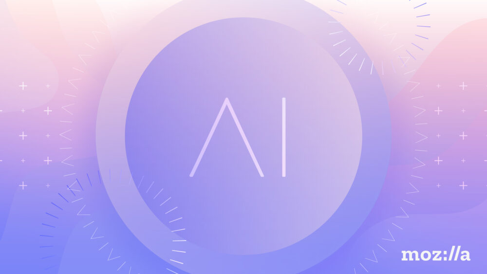 Abstract illustration with large 'AI' letters in the center, surrounded by circular patterns and geometric shapes, set against a soft gradient background of pink, purple, and blue hues with the Mozilla logo in the corner.