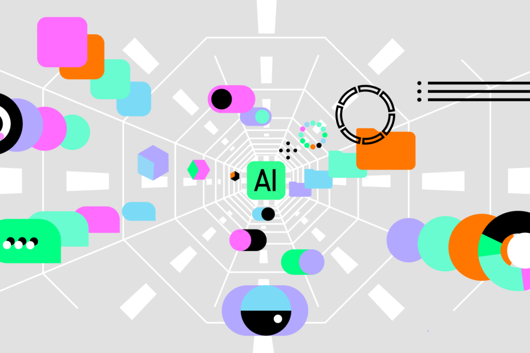 Colorful geometric shapes and abstract icons float toward a central point in a tunnel-like grid, with "AI" prominently displayed in the center.