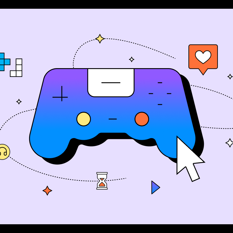 Illustration of a colorful game controller with various icons representing gaming elements, including a heart, music note, hourglass, and puzzle pieces, on a light purple background.