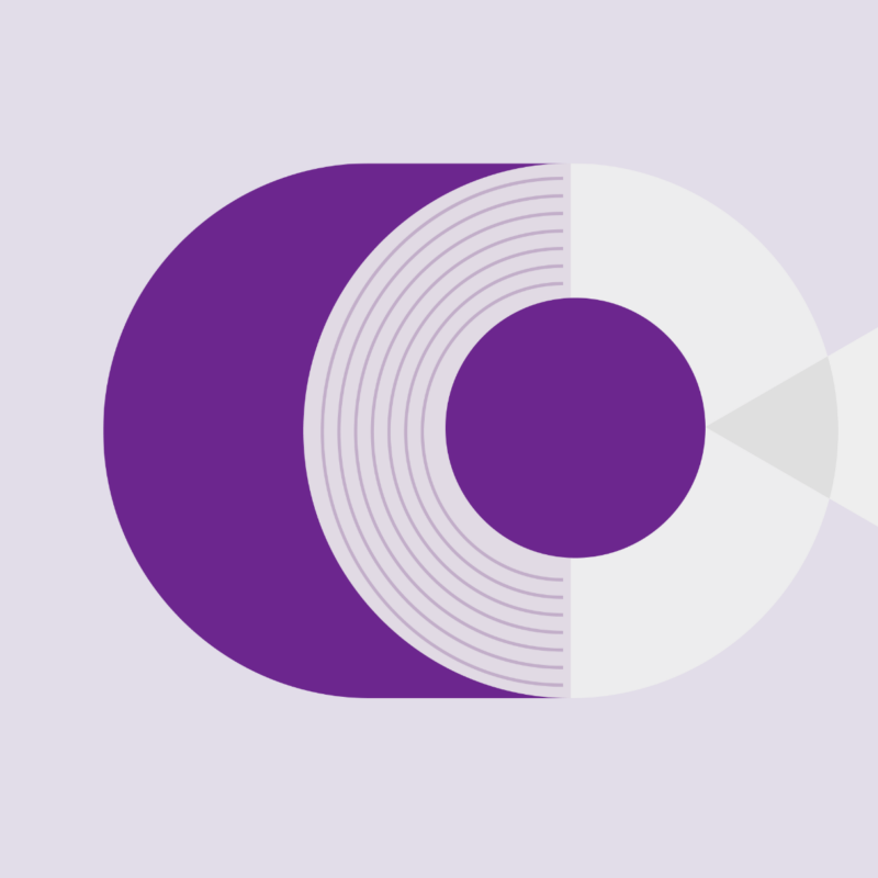 The image features a large purple semi-circle on the left, intersecting with concentric purple arcs. On the right is a white semi-circle with a purple center, emitting white and light gray rays. The background is light lavender.