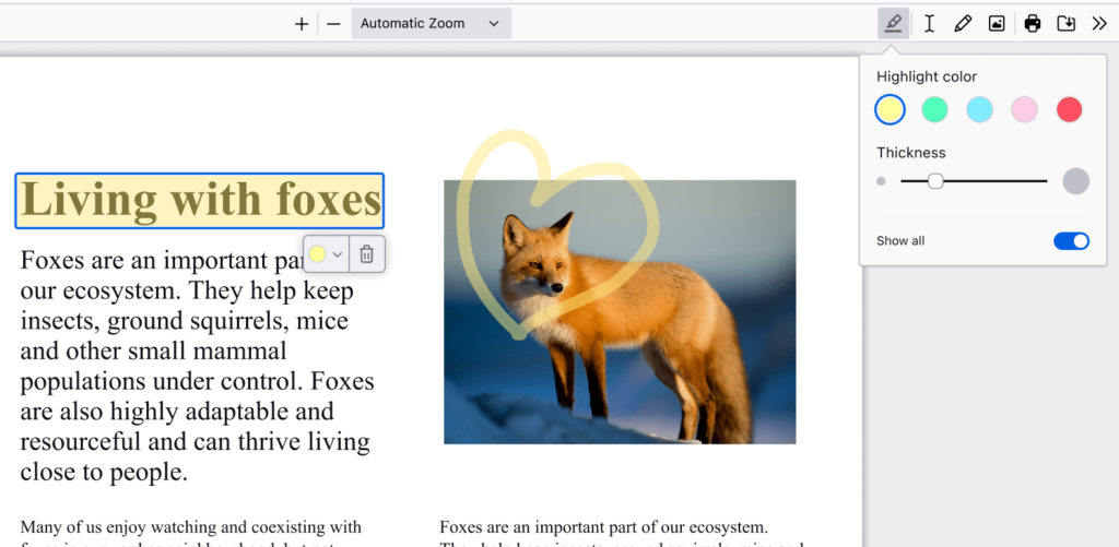 PDF Document Editing with Highlighted Text and Fox Image Using Firefox PDF Viewer