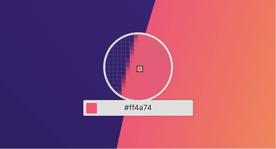 Firefox Eyedropper Tool Highlighting Hex Code #ff4a74 on a Gradient Background
