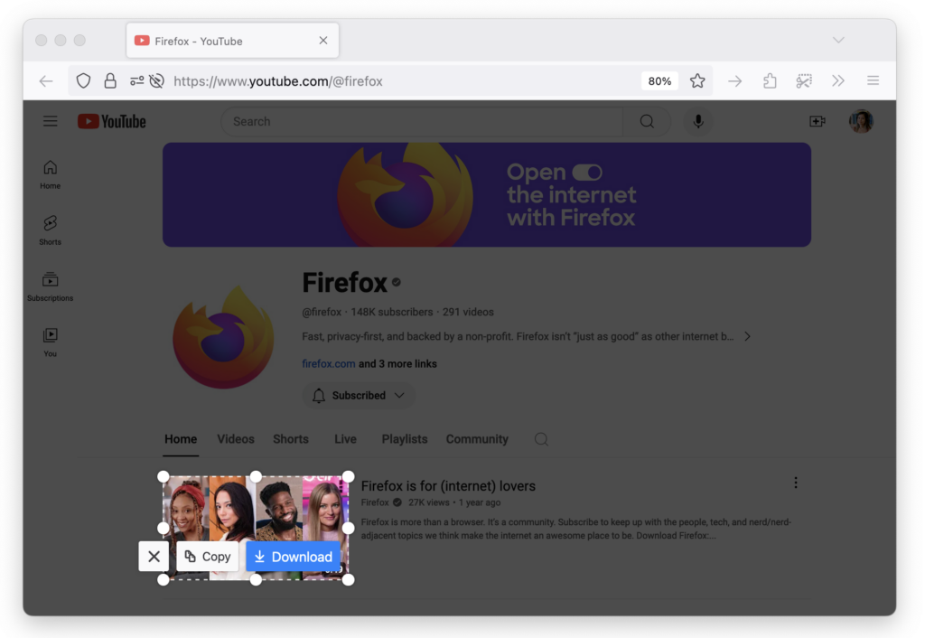 Screenshot of the Firefox YouTube channel page showing 148K subscribers, with options to Copy or Download a selected video thumbnail.