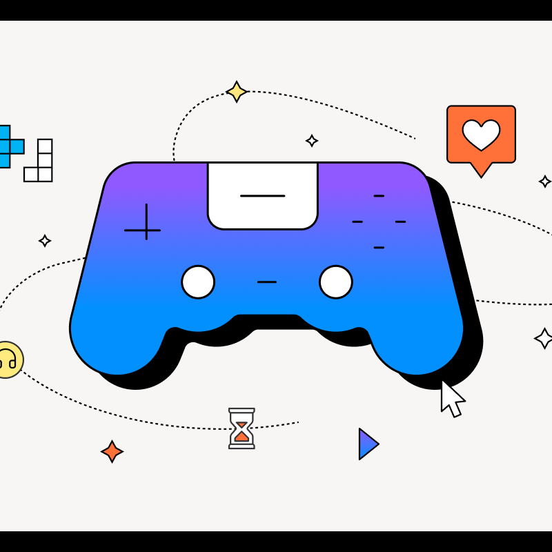 彩色游戏控制器的插图，在白色背景上有各种代表游戏元素的图标，包括心形、音符、沙漏和拼图块。