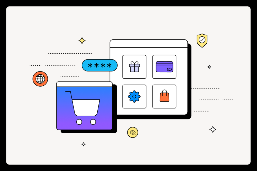 Illustration of an online shopping interface featuring a shopping cart, password input, and icons for gift, credit card, settings, and shopping bag, depicted with vibrant colors and clean lines, emphasizing security and user-friendly design.