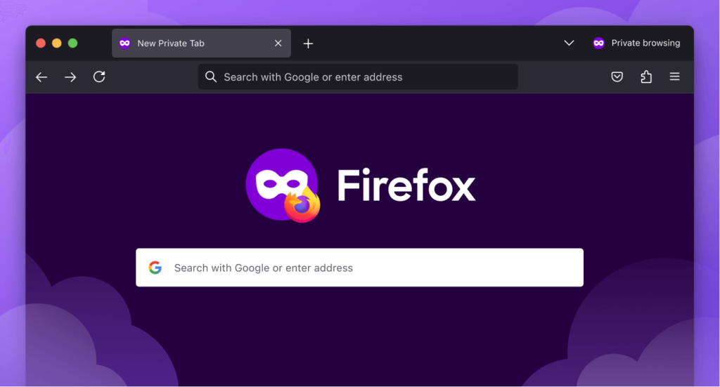 Firefox private browsing window with a purple background, featuring the Firefox logo and a search bar that reads 
