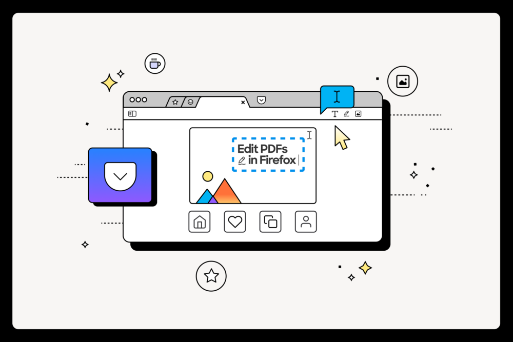 Graphic showing the Firefox browser with a feature to edit PDFs, surrounded by icons representing customization and other browser functionalities.