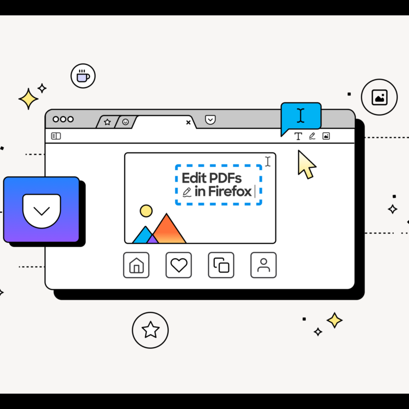 Graphic showing the Firefox browser with a feature to edit PDFs, surrounded by icons representing customization and other browser functionalities.