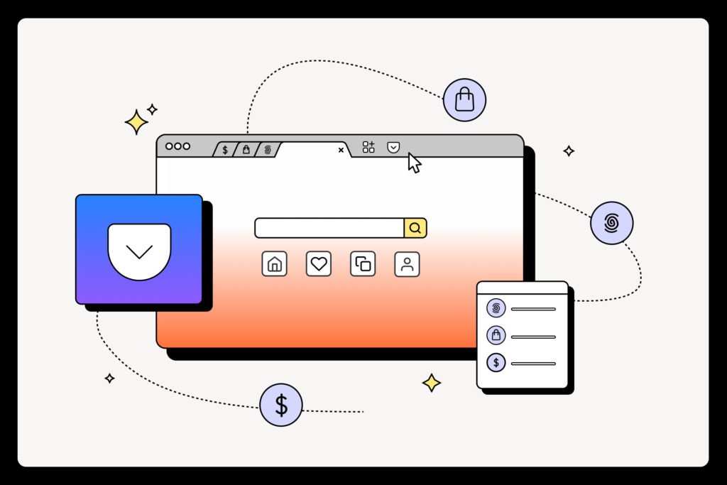 Illustration of a web browser with a search bar, icons, and connected elements symbolizing features like shopping, bookmarks, and user profile.