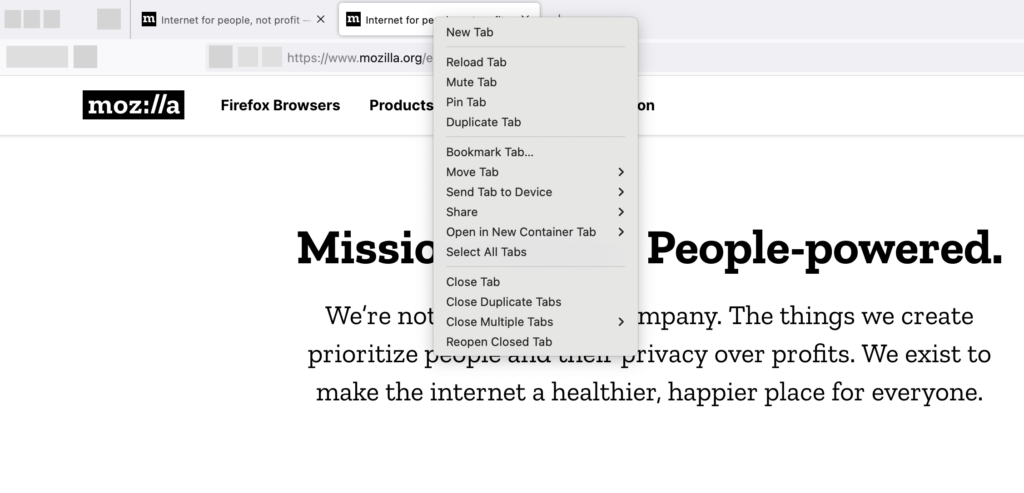 Browser tab context menu open on the Mozilla website, showing options like 'New Tab,' 'Reload Tab,' 'Mute Tab,' and 'Duplicate Tab.'