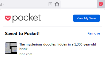 Pocket extension pop-up in the browser showing a saved article titled 'The mysterious doodles hidden in a 1,300-year-old book' from bbc.com.